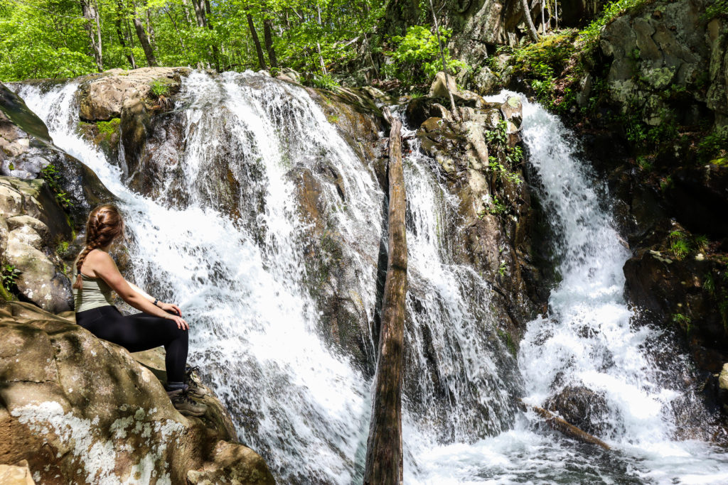 Hiker at Rose River Falls in Shenandoah National Park